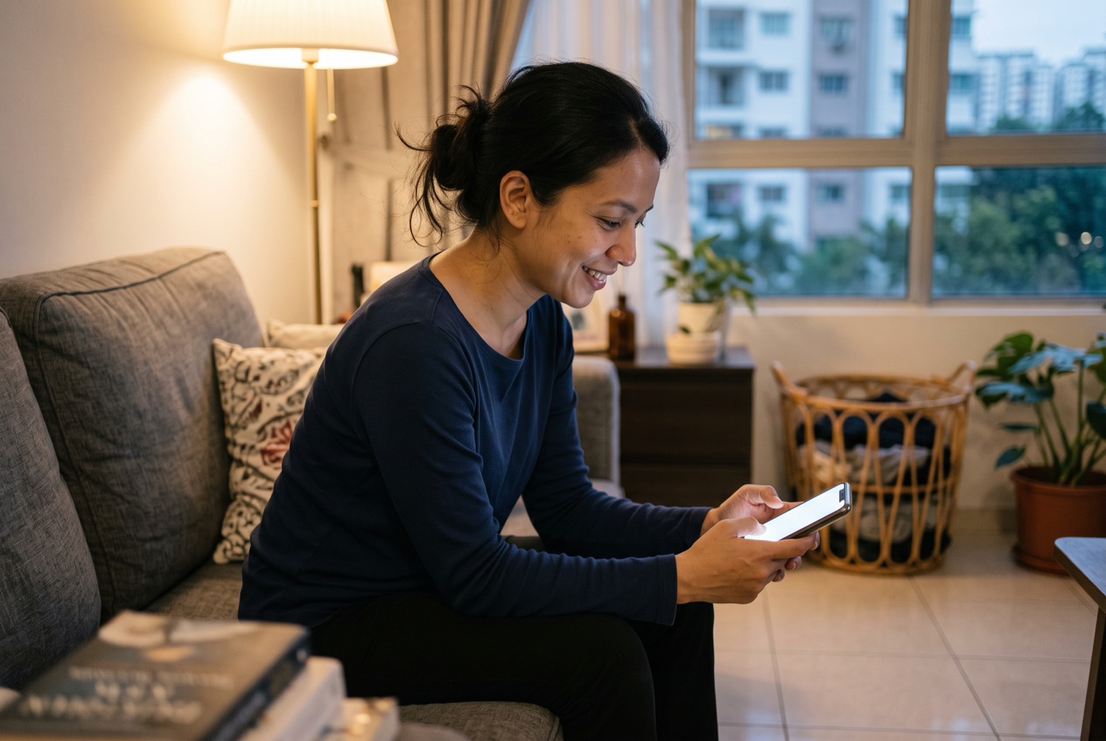 A borrower checking her phone as the loan lands in her account