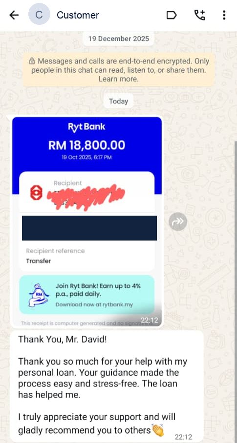 WhatsApp message thanking us after an RM18,800 personal loan was disbursed